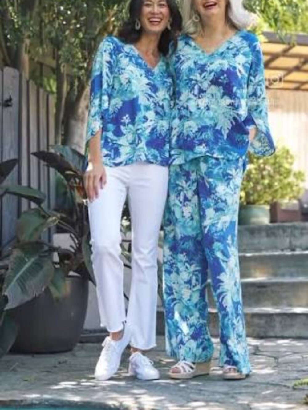 Beautiful by Lawrence Zarion Blue Tropical Print Drawstring Waist Pants Size 2x